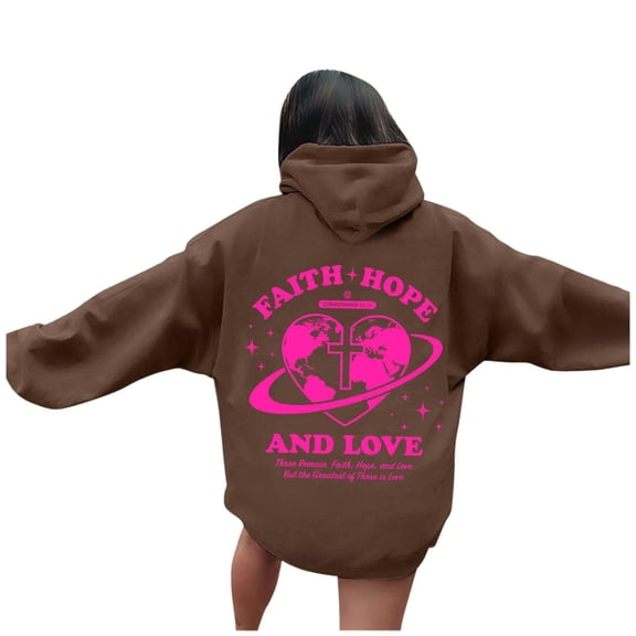 Siilsaa 2024 Graphic Hoodies for Women Cute Pullover Long Sleeve Preppy Sweatshirts Letter Printed Hooded Tops Fall Winter Clothes Coffee,M