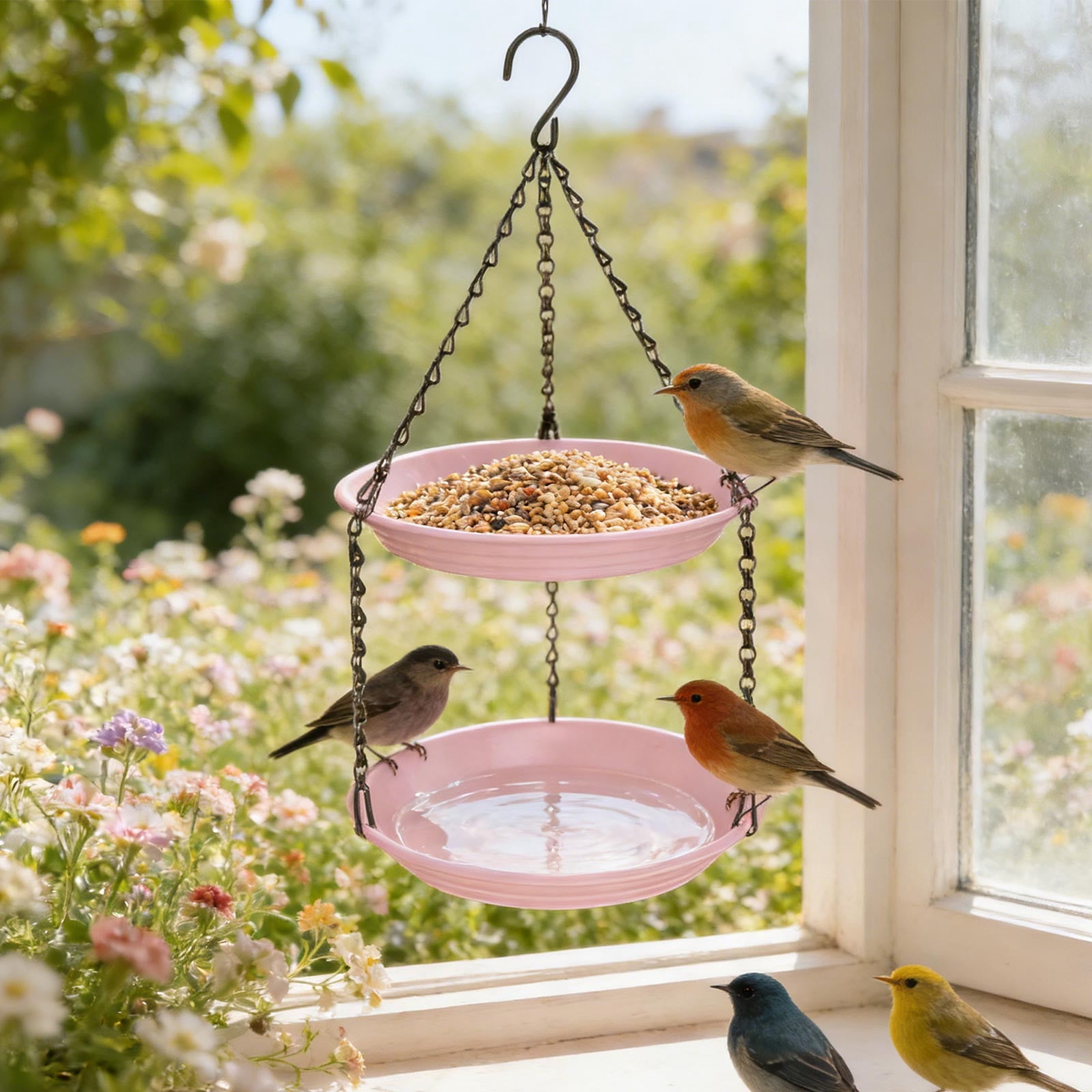 Double Layer 2-in-1 Hanging Bird Feeder with Water Basin, Weather Resistant Plastic Outdoor Wild Bird Feeding Station for Garden, Backyard, Pink
