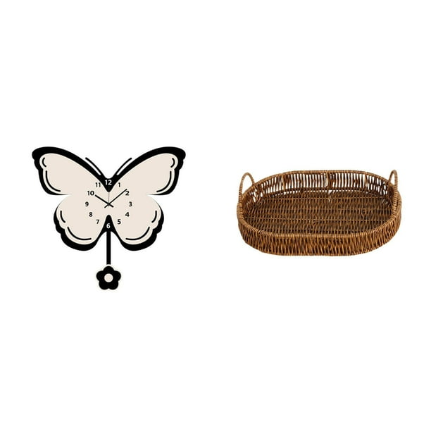 Reloj de pared,Reloj de pared para sala de estar,dormitorio,cocina,decoración de pared.,Bandeja de almacenamiento tejida a mano,Bandeja para servir de ratán tejido a mano con asa,Bandeja de