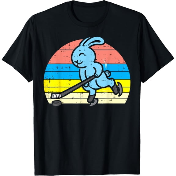 Easter Bunny Playing Ice Hockey Retro Sports Men Women Kids T-Shirt men and women can wear, black, white, gifts