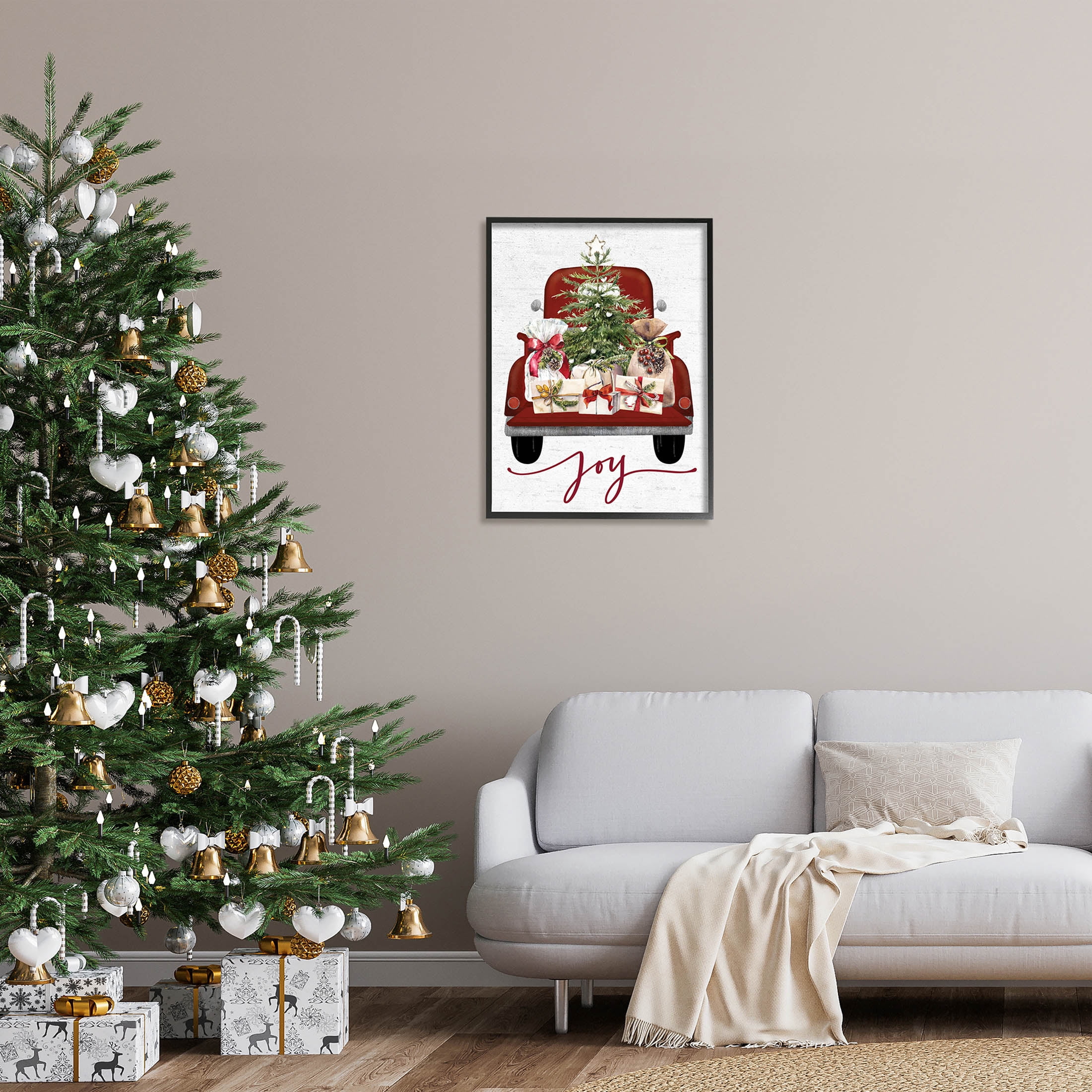 Stupell Industries Joy Holiday Red Gift Truck Graphic Art Black Framed Art Print Wall Art, Design by Lettered and Lined
