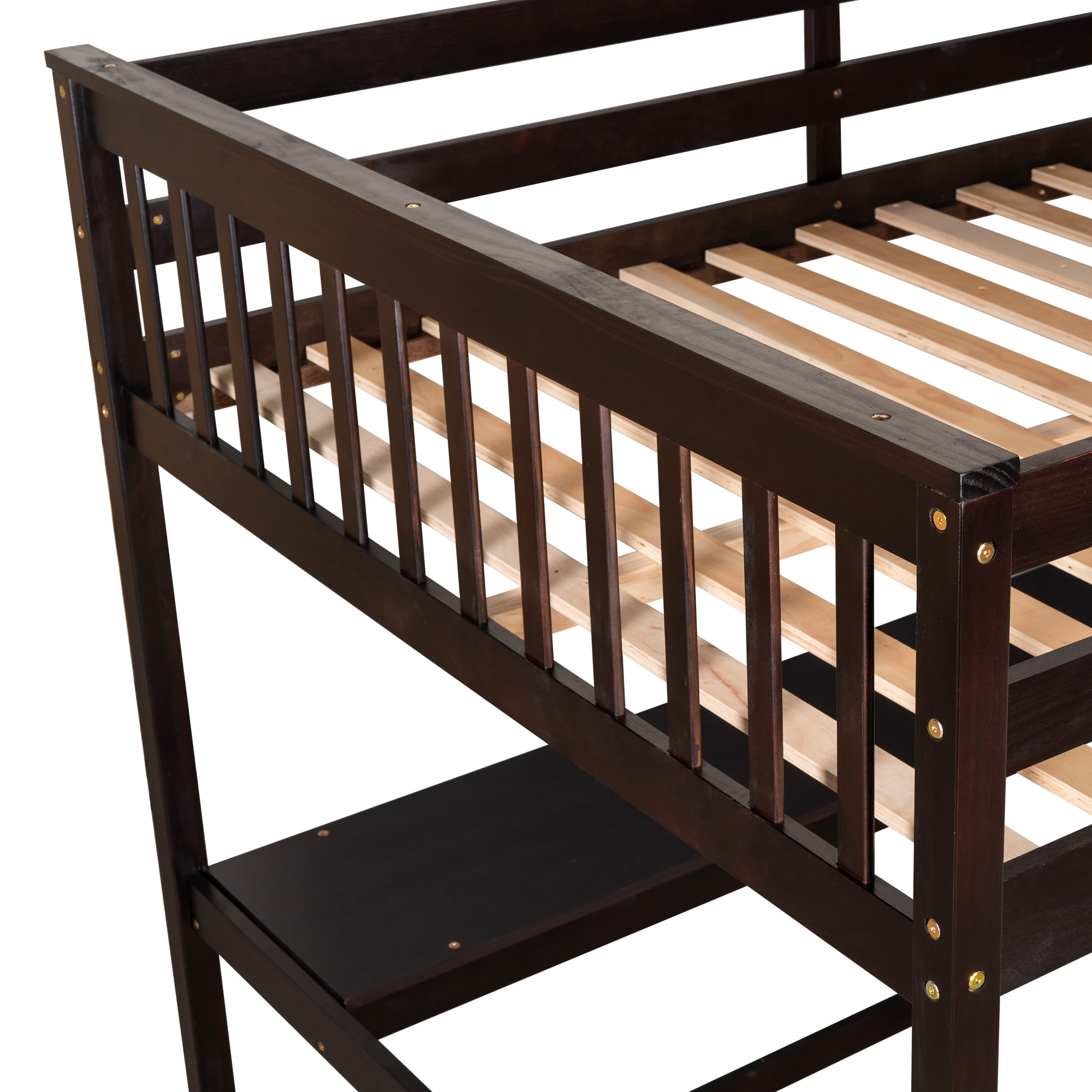 Euroco Solid Wood Full Size Loft Bed with Desk and 4-Tier Storage Shelves for Kids Teens Adult Bedrrom, Espresso