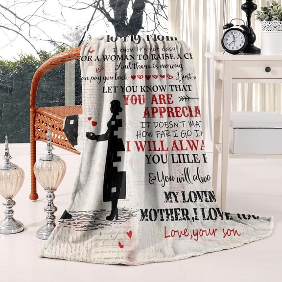 Blanket for Mom from Son, Mom Birthday, Flannel Fleece Soft Warm Cozy Love Letter Throw Mother Blanket 60” x 50”