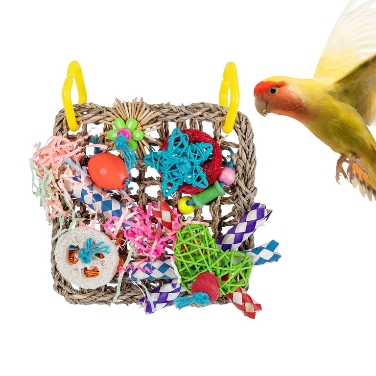 Bird Foraging Wall Toy With Seagrass Mat & Colorful Ropes - Chew & Climbing Toy For Parakeets, Conures, Cockatiels