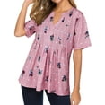 thumbnail image 2 of Xuanfei Women Floral Dots Print V Neck Short Sleeve Stripe Ruching Top, 2 of 6