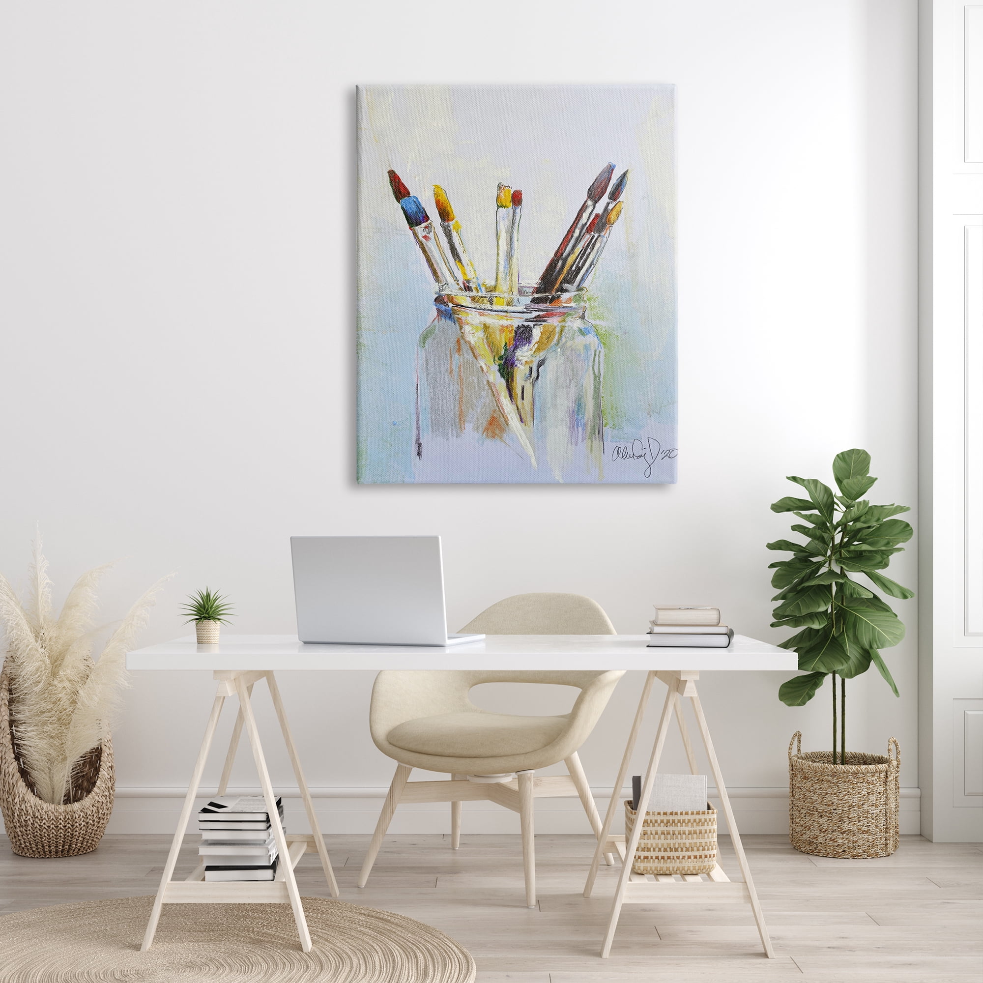 Design by Alan Segal Paintbrushes in Glass Jar Expressive Artist 36 in x 48 in Painting Canvas Art Print, by Stupell Home Décor