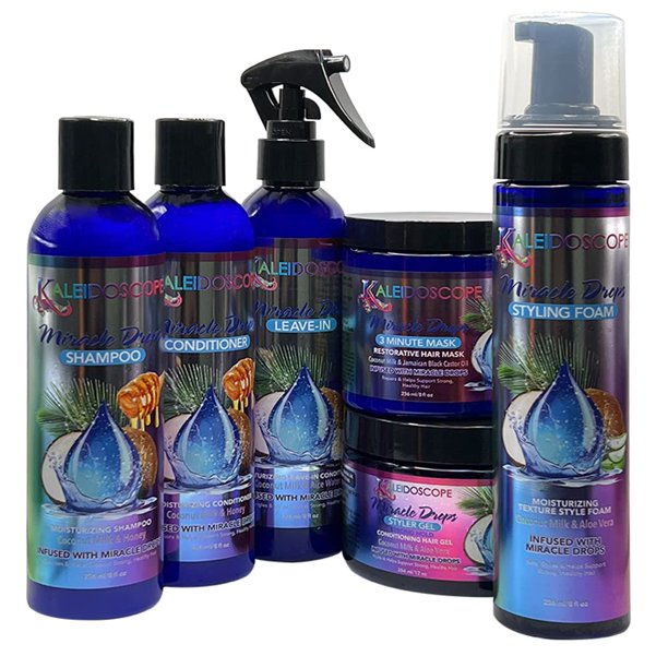 Kaleidoscope - Colección Miracle Drops – Mezcla hidratante de leche de coco, miel y aloe vera, agua de arroz – Champú, acondicionador, acondicionador sin enjuague, mascarilla de 3 minutos, gel de pein