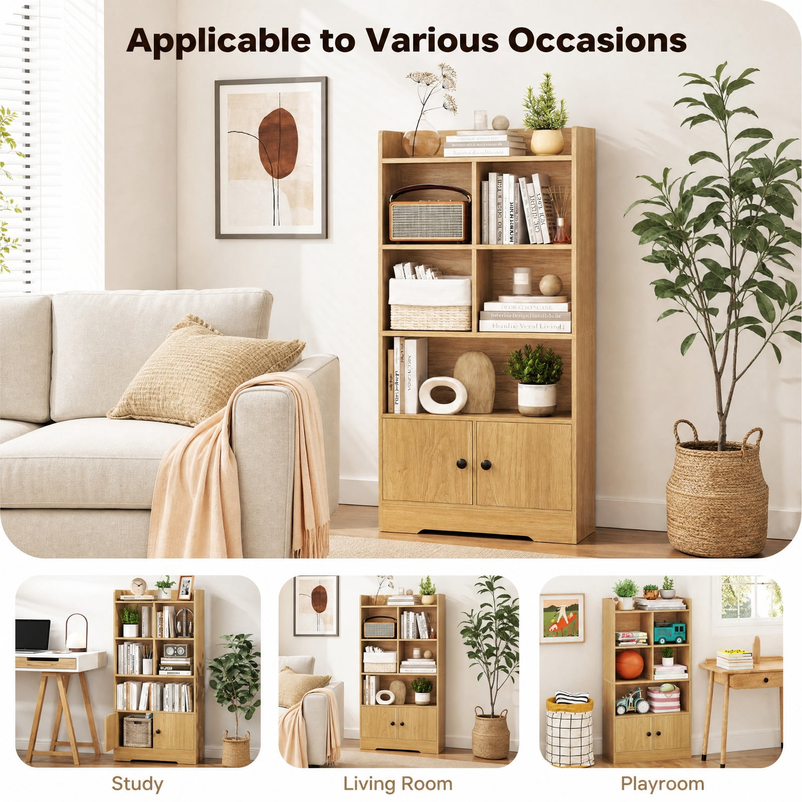 Furnibear 4 Tiers Bookshelf with 4 Cubes Display Shelf and 2 Doors for Living Room Home Office Bedroom Display Storage Shelf, Natural