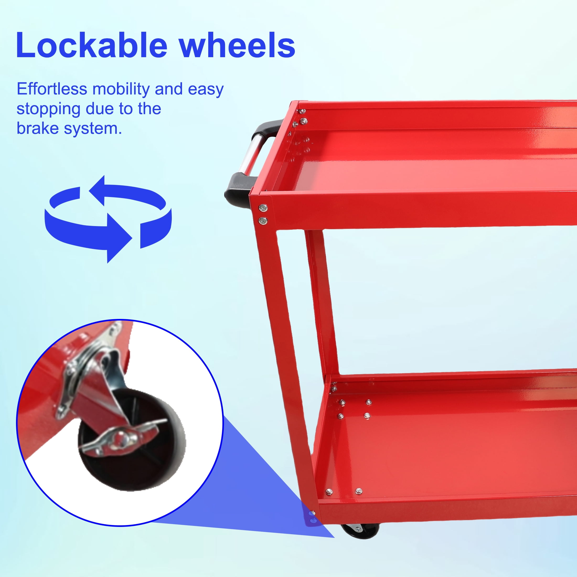 Tool Cart on Wheels, Heavy Duty Steel Utility Cart w/Lockable Wheels, 400 LBS Capacity Industrial Service Cart for Garage, Warehouse, Workshop (Two-layer Bright Red)