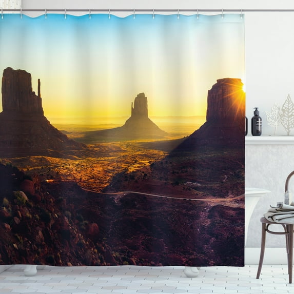 Landscape Shower Curtain, Sunrise over Monument Valley Natural Formations Historical Travelling, Fabric Bathroom Set with Hooks, 69W X 84L Inches Extra Long, Mustard Dark Maroon, by Ambesonne