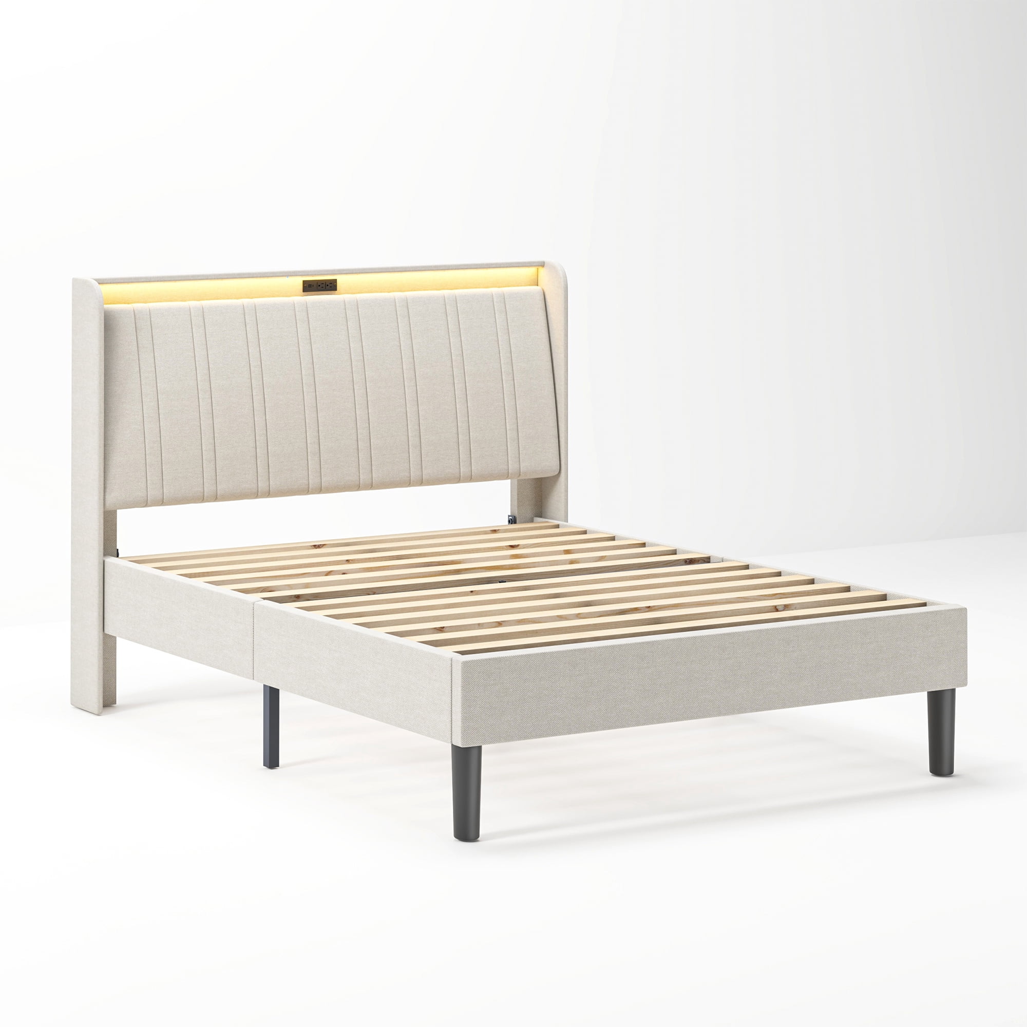 Full Size Upholstered Bed Frame with LED Lights, Platform Bed Frame with Fabric Upholstered Headboard, Beige