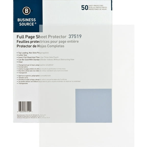 Business Source, BSN37519, Full Sheet Top Load Poly Sheet Protectors, 50 Per Box, Clear