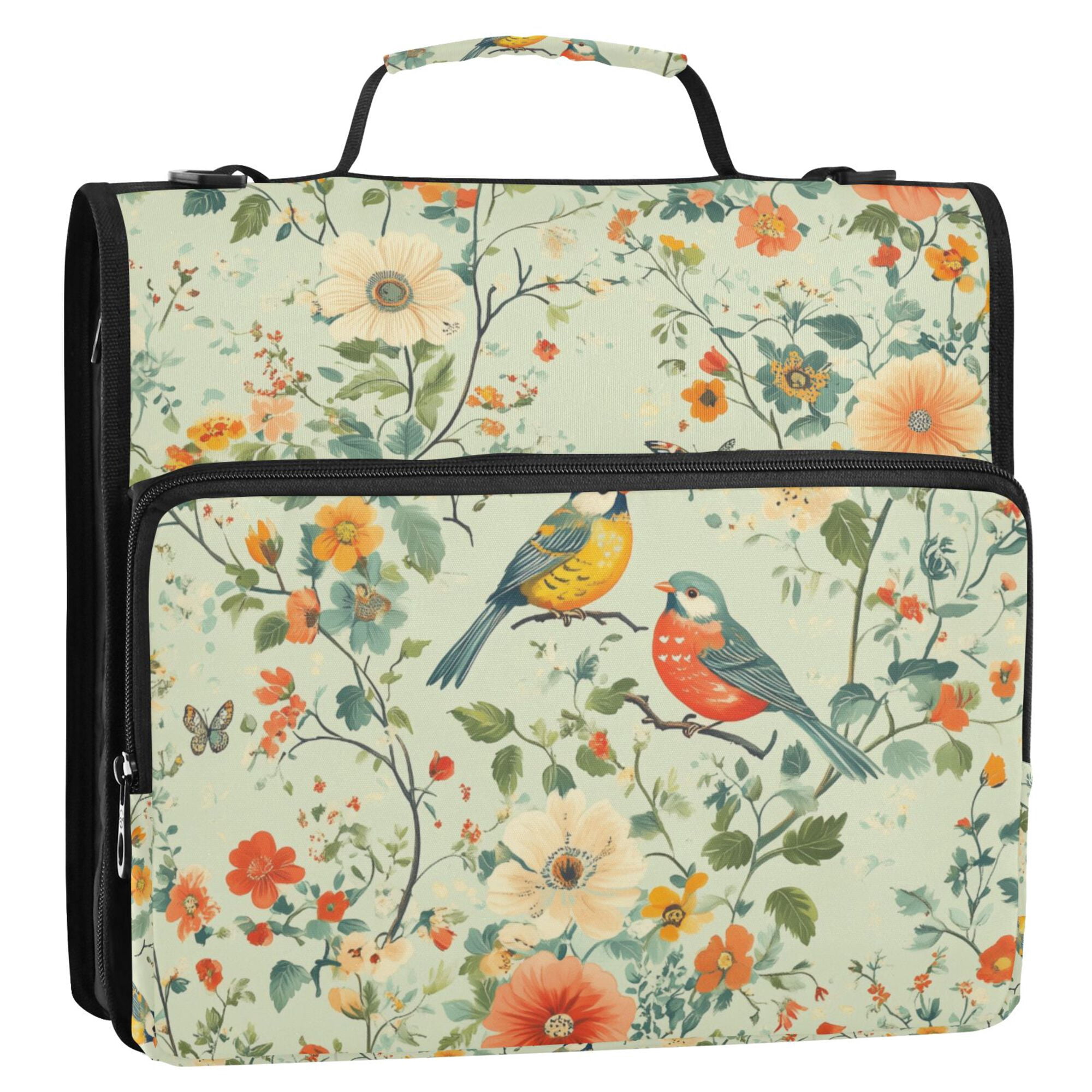 FORMRS Zipper Binder with Shoulder Strap 2-inch Ring 500 Sheet Capacity File Bag, Green Floral Pattern