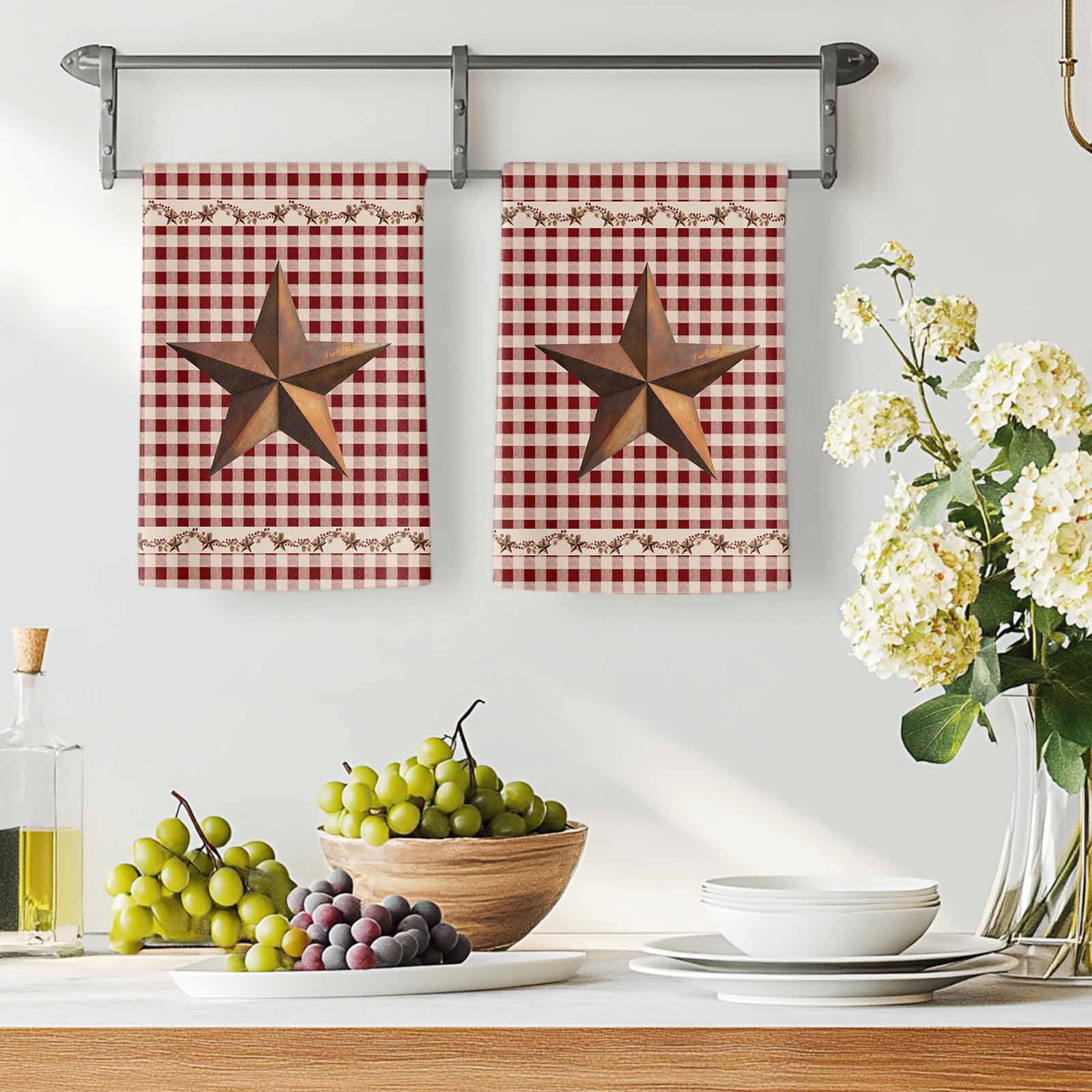 Brown Western Texas Star Vintage Kitchen Towels Set of 1, Rustic Farmhouse Red Plaid Absorbent Dish Towels for Kitchen, Microfiber Hand Towel, Quick Drying Tea Towel for Cleaning Dishcloths