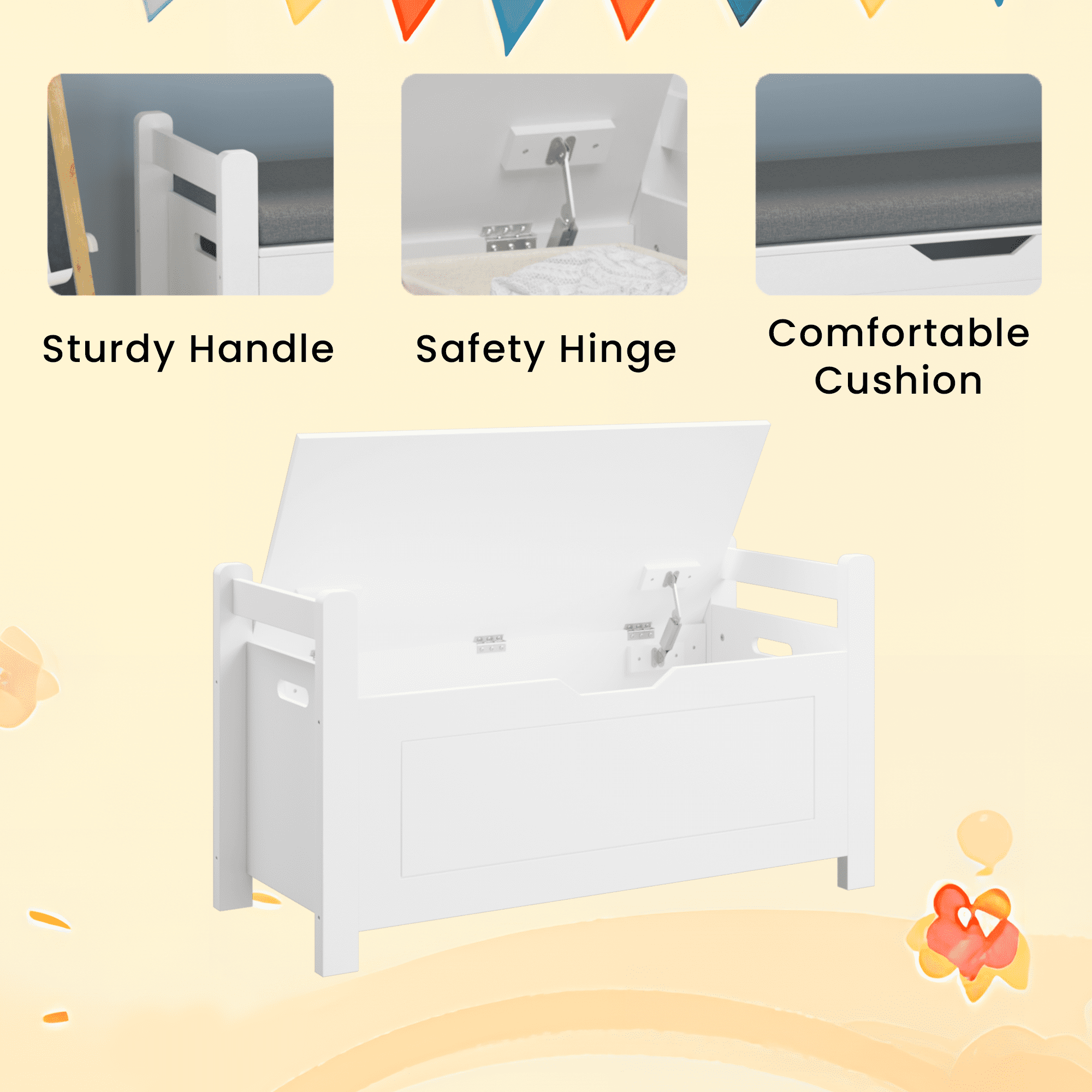 White Toy Box, Seizeen Toy Storage Organizer for Kids, Wooden Toy Chest for Kids Capacity 150 lbs, Entryway Bedroom Storage Bench Trunk for Toy Clothes W/Safety Hinged Lid, Cushion