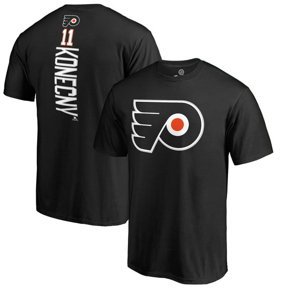 Men's Travis Konecny Black Philadelphia Flyers Team Logo Backer Name & Number T-Shirt