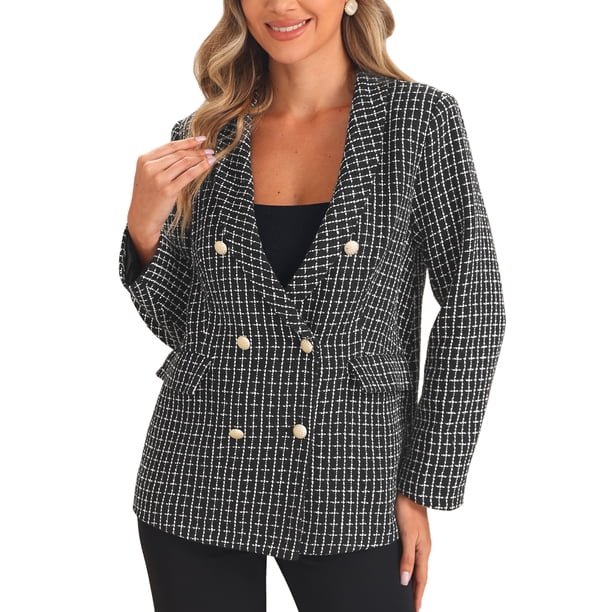 Blazer de Tweed para mujer, chaqueta de cuadros con botones, color negro, talla XL
