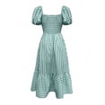 thumbnail image 6 of Aqua Green Plaid Square Neck Puff Sleeve Tiered Midi Dress For Women, 6 of 6