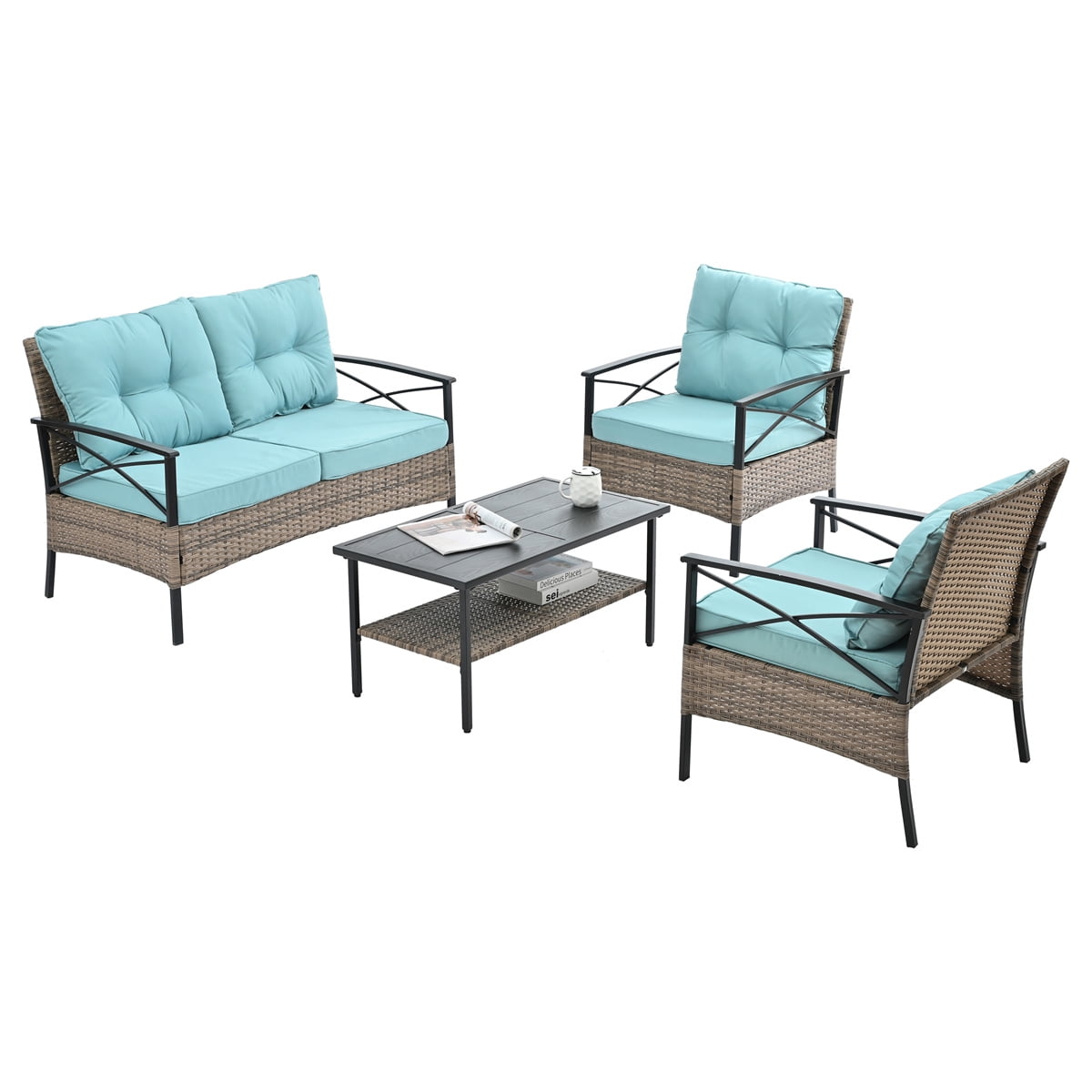 HighSound Patio Furniture Set, 4 Piece Outdoor Patio Conversation Set, All-Weather PE Rattan Wicker Sectional Patio Sofa Set with Coffee Table, Light Blue Cushions