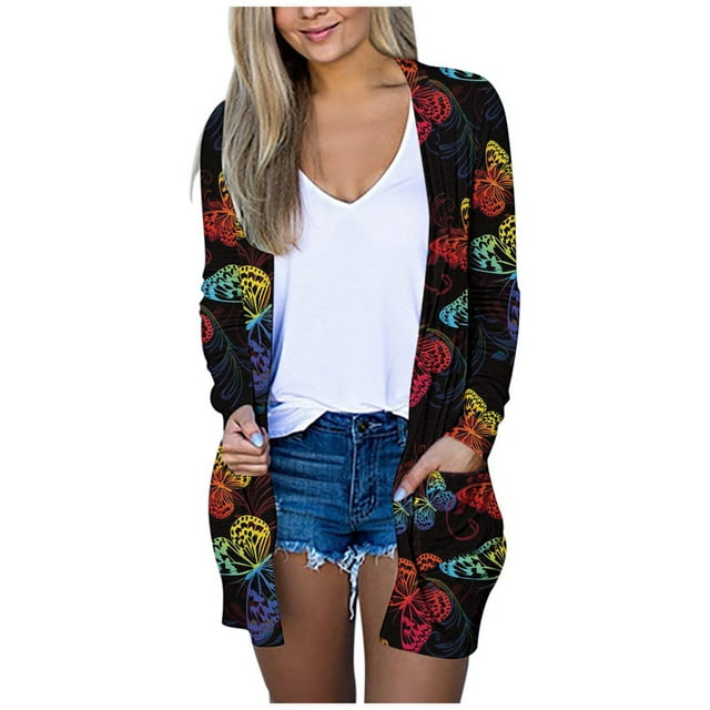 Cardigan à Col en V Imprimé Papillon pour Femmes Manches Longues avec Poches