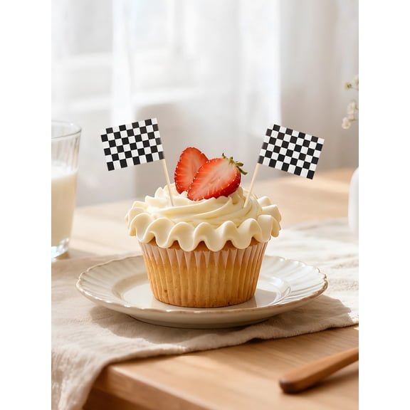 2PCS Checkered Flags on Sticks, Cupcake Toppers, Racing Flag Style, Black and White Party Decorations Picks, Mini Cake Topper for Birthday, Race Car Theme Party