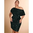 thumbnail image 6 of Dark Green Off-Shoulder Glitter Sequin Mini Dress With Waist Tie For Party Evening Wear, 6 of 7