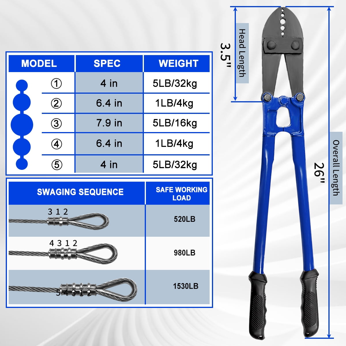24" Wire Rope Crimping Tool, 5-Cavity Hand Swager Crimper 1/16" 3/32" 1/8" 5/32" 3/16", Heavy Duty Swaging Tool for Copper Aluminum Oval & Stop Sleeves