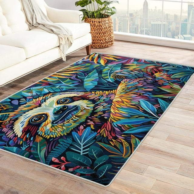 2 x 3 Rugs Sloth Area Rug, Animal Carpet for Living Room Bedroom Entryway Jungle Theme Patterned Indoor Home Decor, Non Slip Soft & Low Pile Small Washable Rug ZJ&636