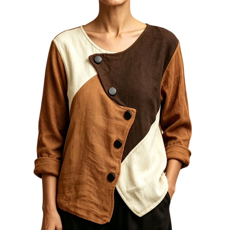kaondbfi Women Linen Blend Shirt Asymmetrical Button V Neck Long Sleeve ...