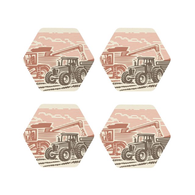 Vsdgher Combine harvester working with tractor Print Leather Coasters for Drinks, Durable Drink Coasters 4 Set for Tabletop Protection, Luxurious Home Décor and Housewarming Gift-Hexagon