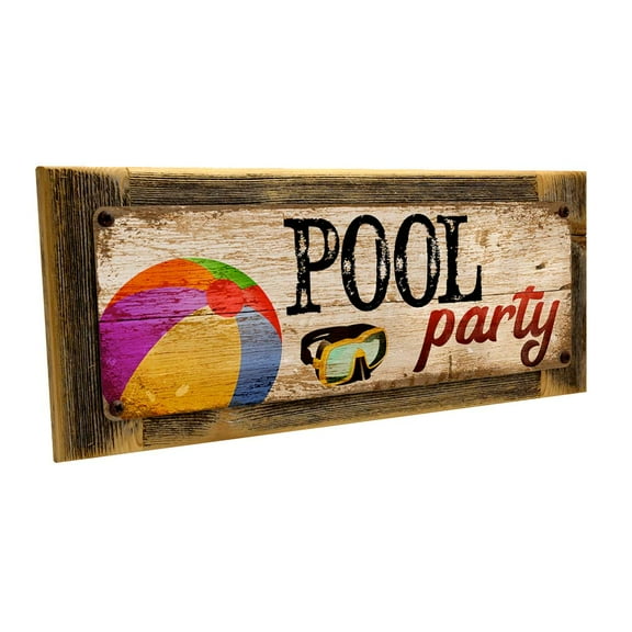 Framed, Outdoor Pool Party 4"x12" Metal Sign, Wall Décor for Porch, Patio, and Deck