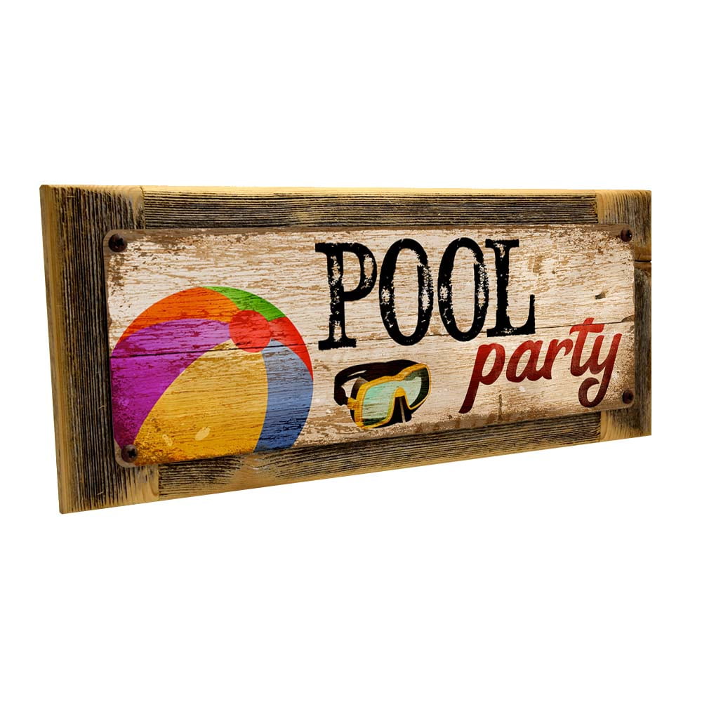 Framed, Outdoor Pool Party 4"x12" Metal Sign, Wall Décor for Porch