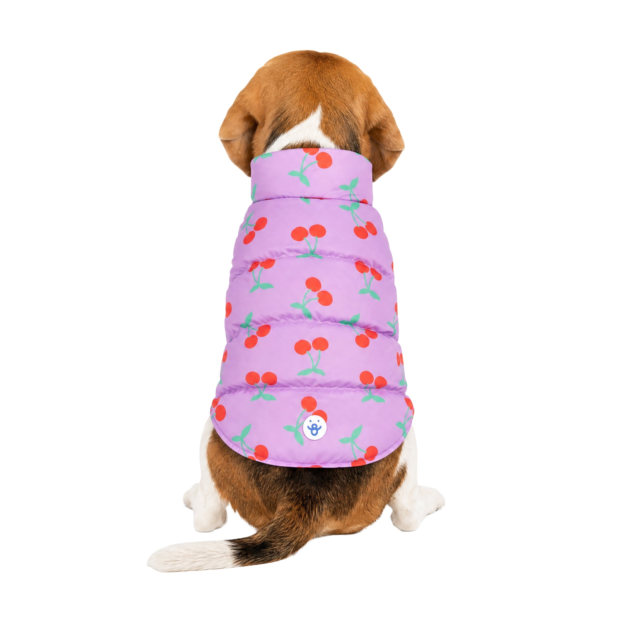 Oodles Cherry Print Quilted Puffer Fall Dog Jacket, Purple, Medium