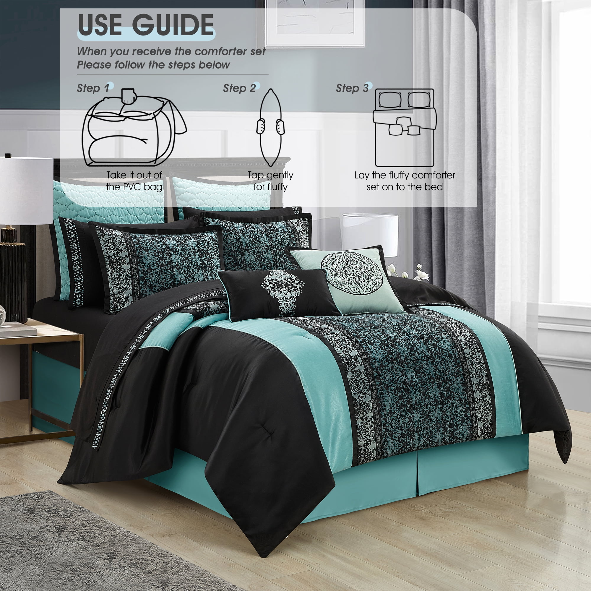 Lanco Black & Teal Comforter Set California King Size, Classic Jacquard Bedding Sets, Faux Silk, Premium Microfiber, 12 Pieces Bed in a Bag, Matching Fitted Sheet, Flat Sheet