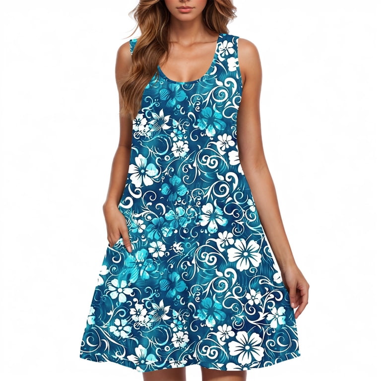 Jjayotai Formal Dresses for Women, Loose Crewneck Sleeveless Sundresses Swimsuit Coverup with Pockets, Blue Dress Women, Women's, Size: Small