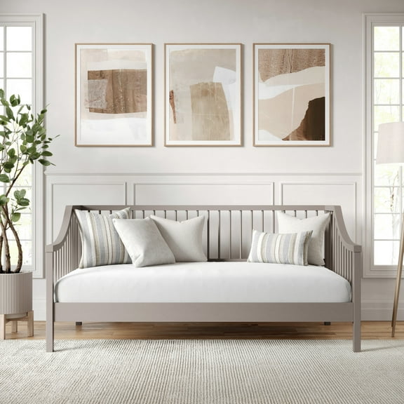 Martha Stewart Neely Twin Size Solid Wood Platform Daybed with Wooden Spindles and Slatted Foundation with No Box Spring Required in Gray