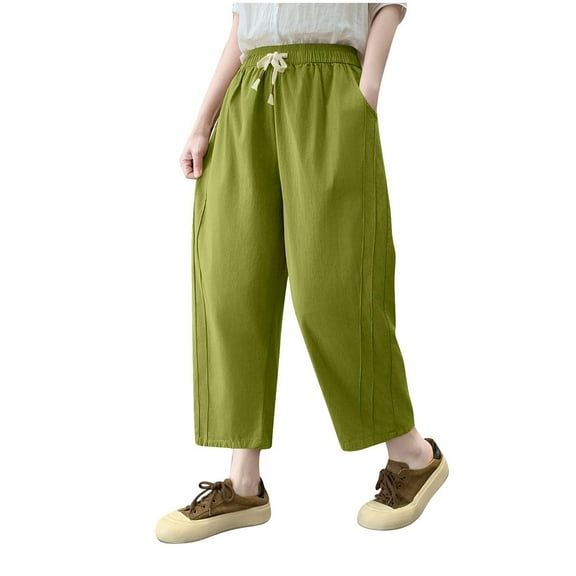 Womens Cotton Capri Pants Summer Drawstring High Waisted Loose Fit Capris Pant with Pockets Casual Solid Color Capris