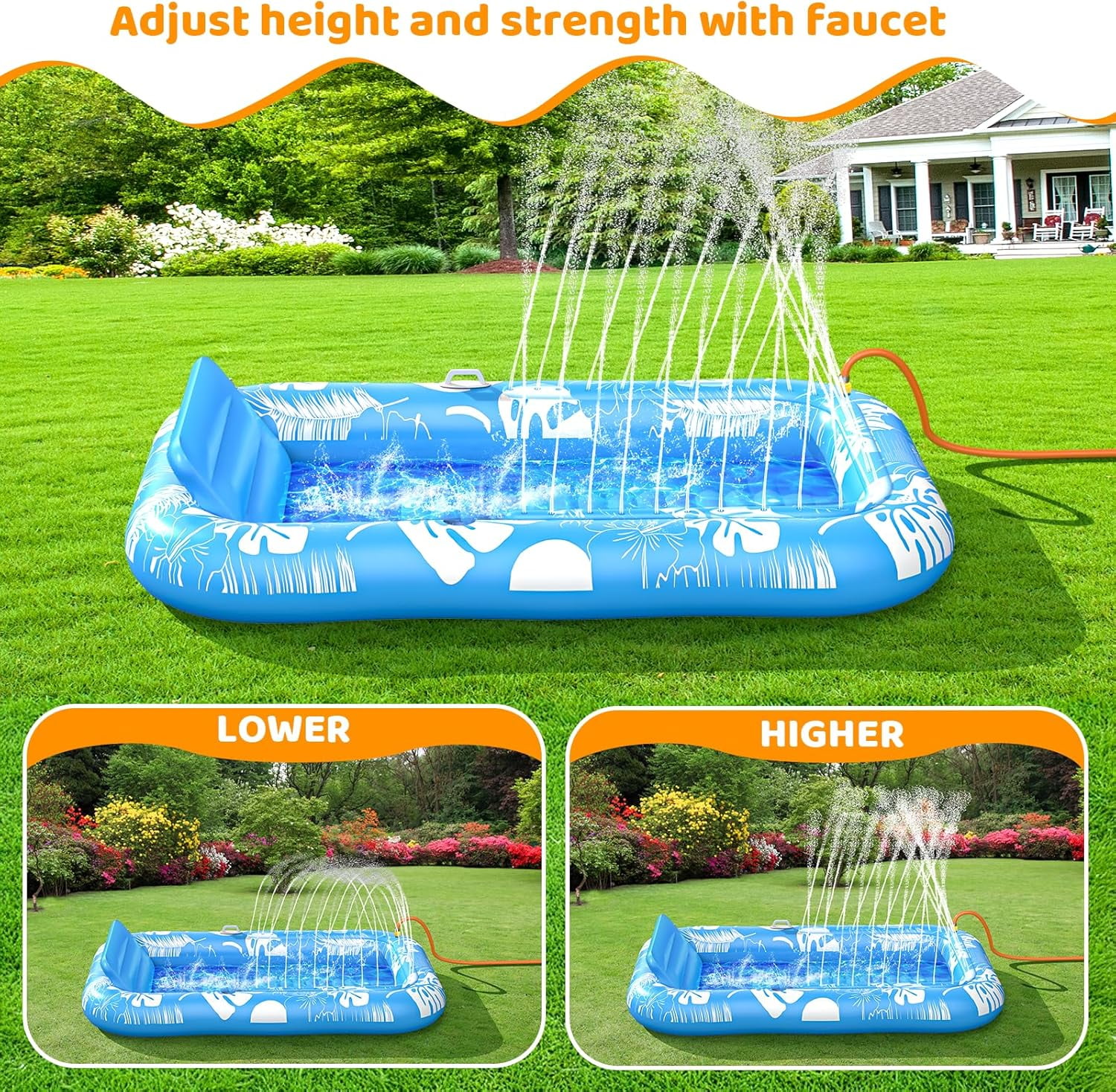 Inflatable Tanning Pool Lounger Float with Sprinkler, 77" x 48" Pool Floats Adult with Pillow, 6 in 1 Suntan Tub Raft Floatie with Drink Holder Sunbathing Water Lounge