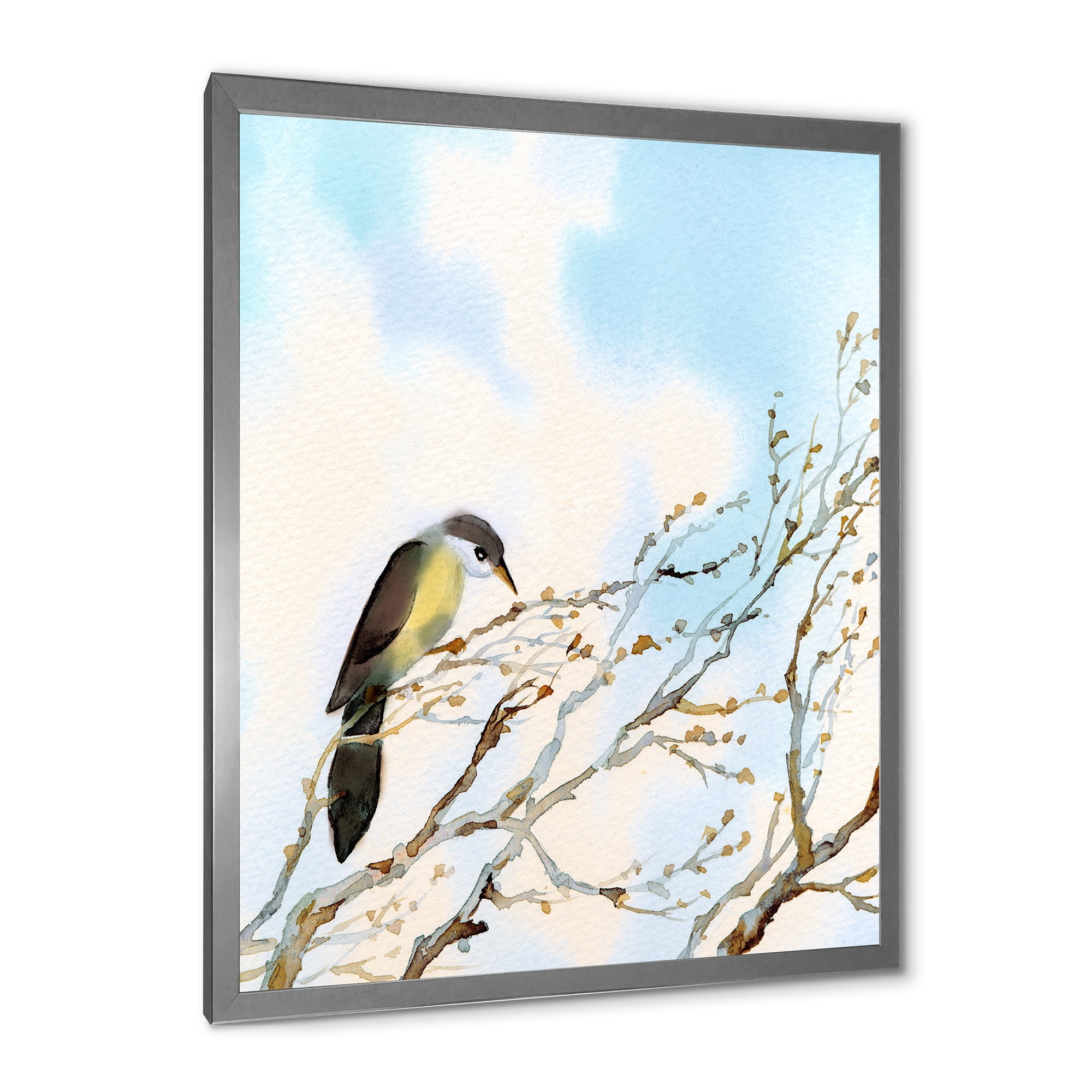 Designart 'Bird Sitting On Old Bare Tree With Blue Cloudy Sky' Traditional Framed Art Print