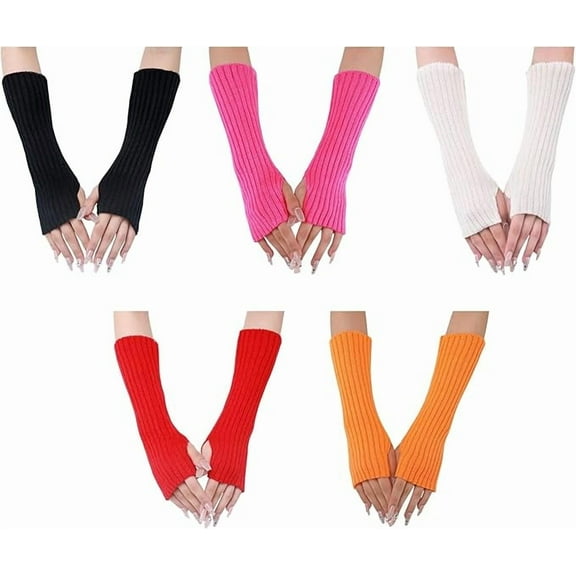 NakNav Winter Warm Fingerless Gloves for women, Thumb Hole, Srtetchy Knitted arm warmer Sleeve Mitten for girls (Black, White, Red, Pink, Orange)