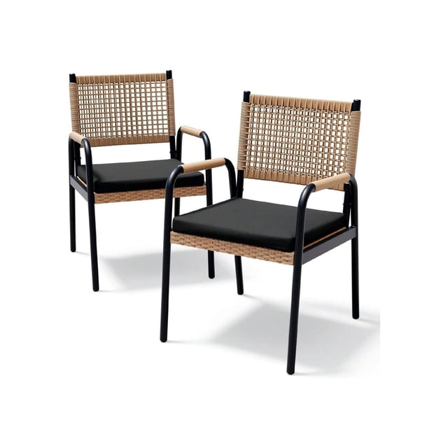 Eastvita 2 PCS Patio Wicker Chairs Set - Outdoor Beach Chair with Metal Frame Square Pattern Design Suitable for Lawn Deck Porch Balcony Poolside Backyard Garden