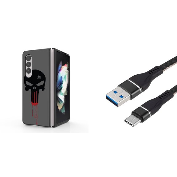 Accessory Bundle for Galaxy Z Fold 4: Slim Snap-On Case (Bloody Skull), Nylon Braided USB-C to USB-A Cable (3 Feet)