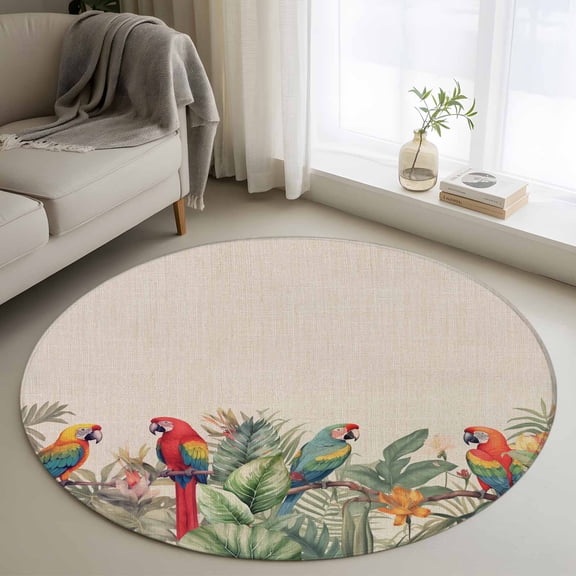 Round Area Rug 3ft Tropical Birds Parrot on Branch Area Rugs Washable Low Pile Floor Carpet for Bedroom, Green Palm Leaves on Burlap Non Slip Soft Rugs for Living Room Entryway Dining Room