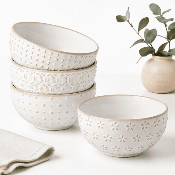 Arctic White 14 Ounce Stoneware Embossed Dessert Bowl Set of 4 for Snacks and Side Dishes