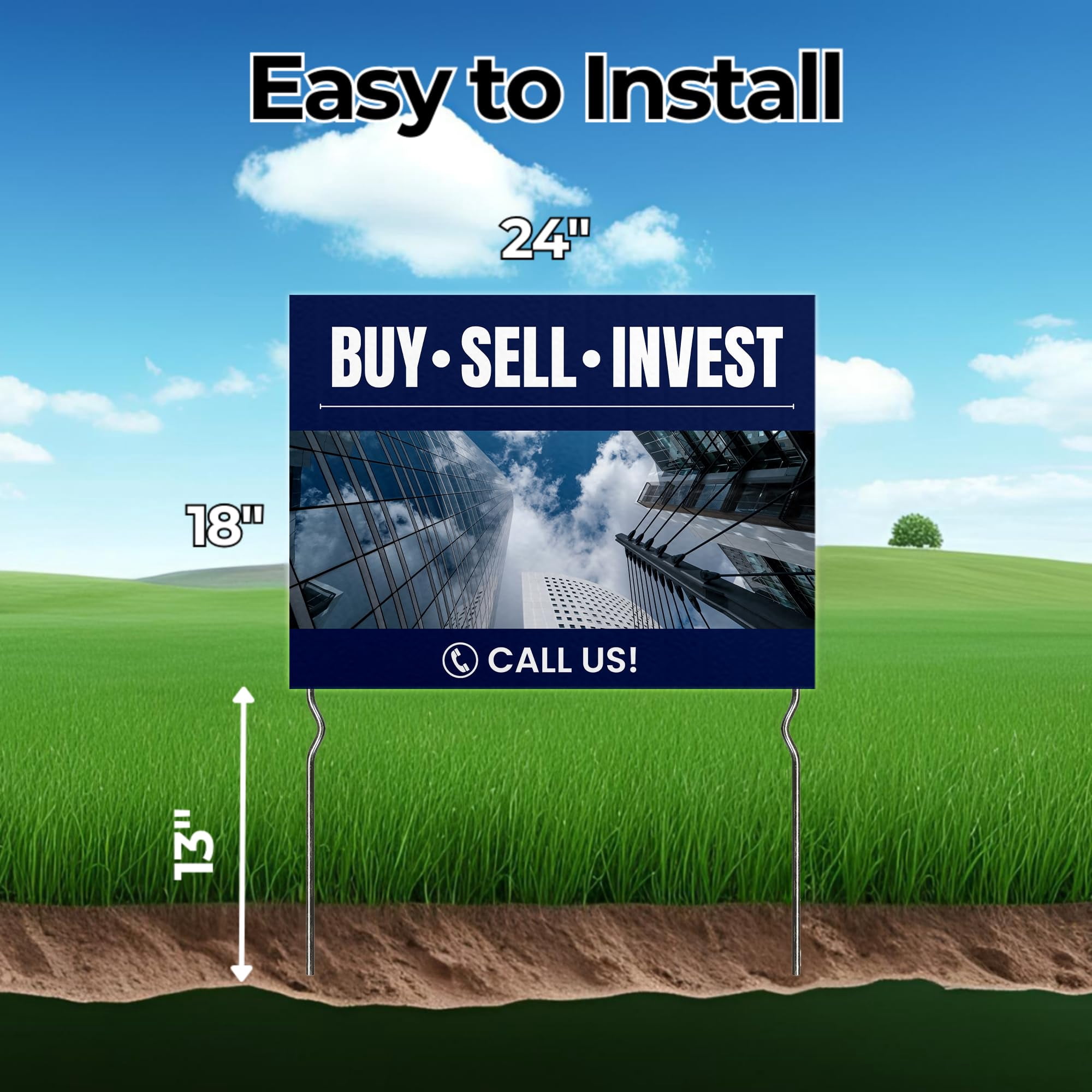 Buy • Sell • Invest - Call Us! Yard Sign by DC | 24"x18" Double Sided Real Estate Garden Sign with 13” Metal Stakes | Outdoor Signs Waterproof for Lawn, Patio, Sidewalk & House | Set of 4