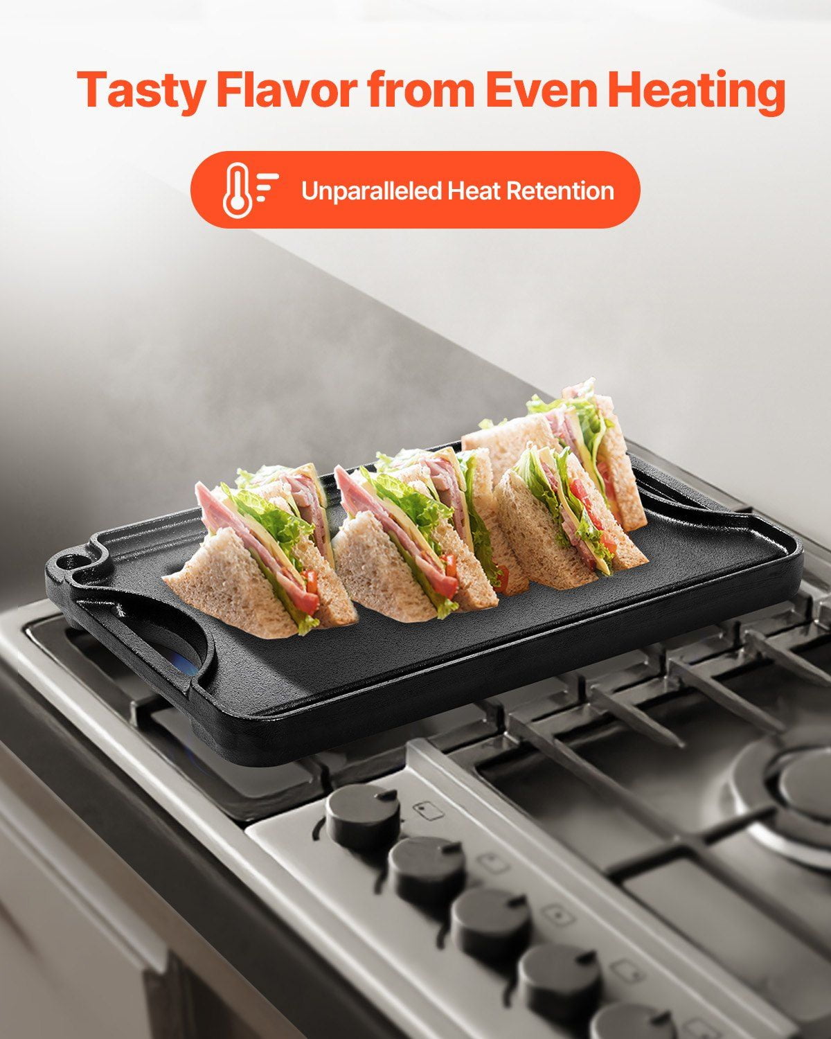 14x8.5 Inch Reversible Grill Griddle Cast Iron Pre-Seasoned BBQ Pan with Flat and Ridged Sides, Dual Handles, Non-Stick Surface, Oven Safe up to 500°F for Stovetop, Indoor and Outdoor Cooking