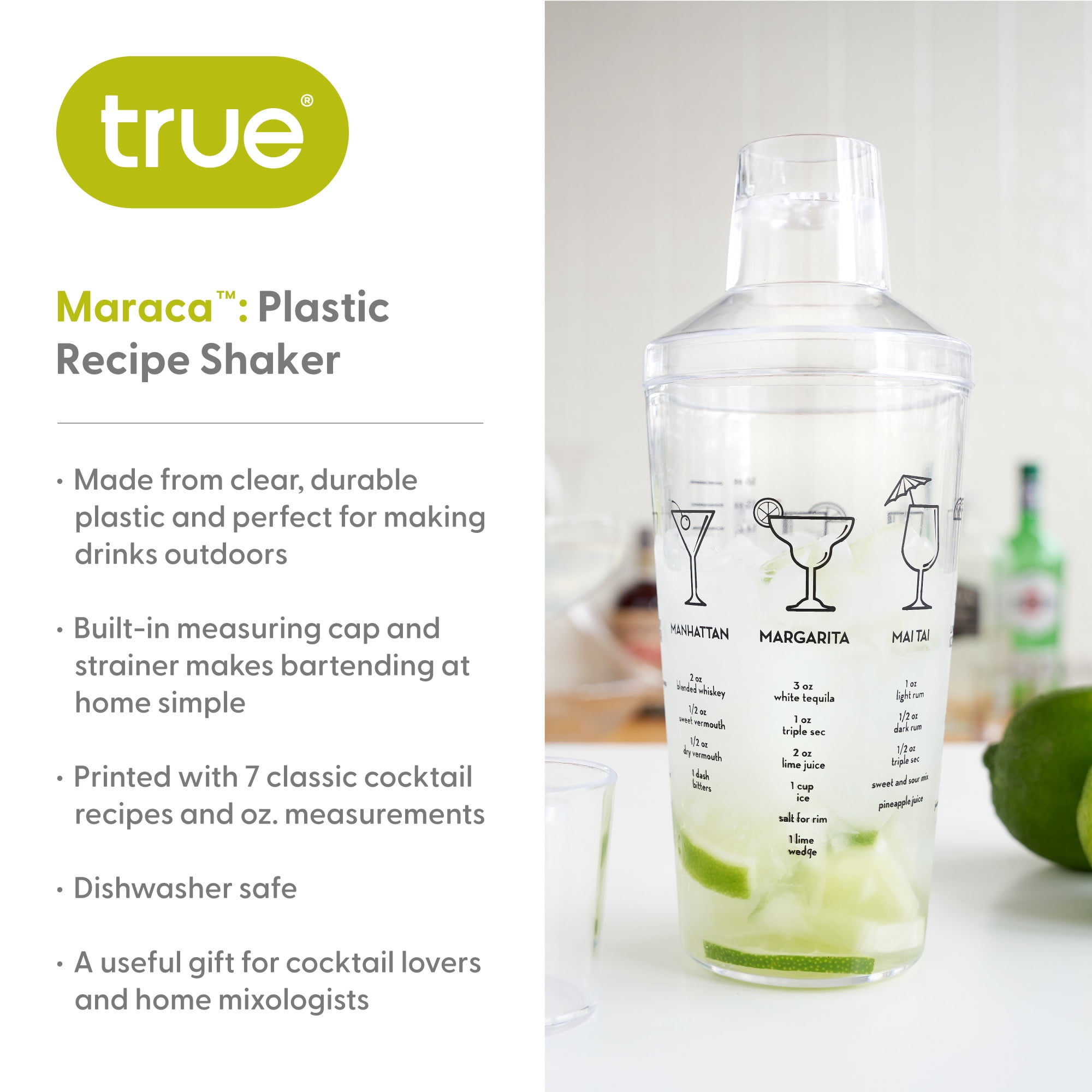 True Cocktail Shaker With Recipes For Cocktails And Ounce Measurements,  Built-in Strainer, 16 Oz, Clear Plastic : Target