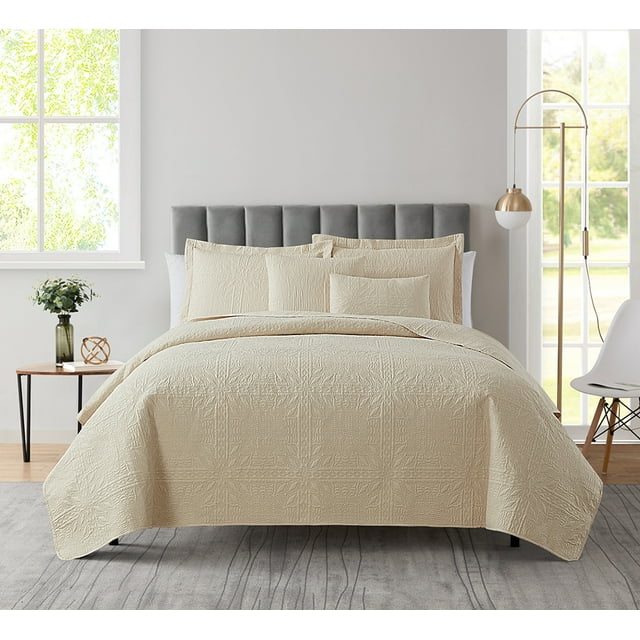 Clara Clark Home Quilt Set Bedspread - Ultra Soft Microfiber Embossed Grid Weave Pinsonic Lightweight - Quilted Comforter 5 Piece Bedding Set - 2 Pillow Shams, 2 Euro Shams - Queen, Beige Cream