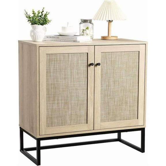 Rattan Buffet Storage Cabinet, Accent Sideboard Cabinet with Adjustable Shelves & Metal Leg for Living Dining Room Entryway, Natural