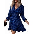thumbnail image 2 of Leopard Glitter Dress Cheetah Ruffle Belted V Neck A Line Long Sleeve Elegant Casual Dress Blue L, 2 of 9